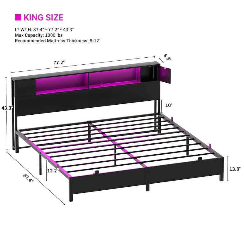 Storage Headboard Platform Bed Frame with Charge Station and LED Light
