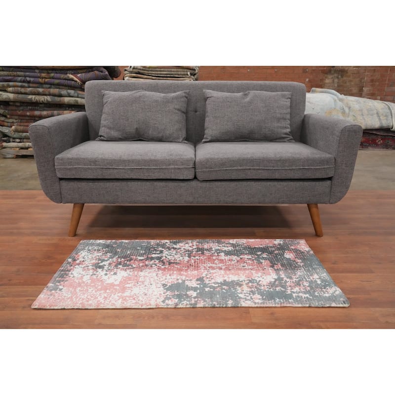 Hand Knotted Oriental Viscose Silk Carpet Modern All-Over Pink Abstract Area Rug - 4' 0'' X 2' 0''