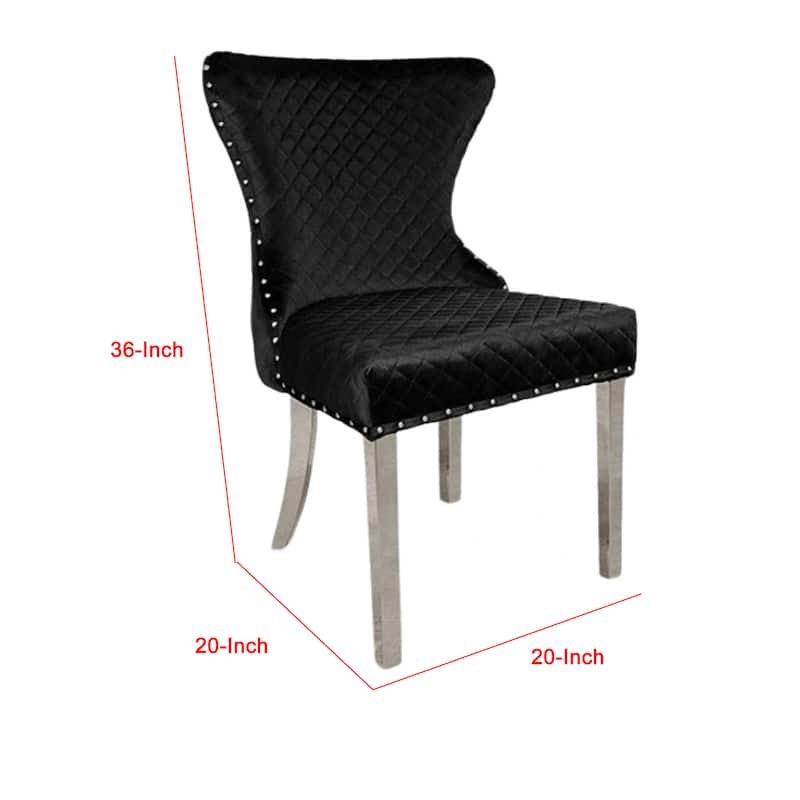 Anova Side Dining Chair Set of 2, Rivet Trim, Silver Stainless Steel, Black Fabric