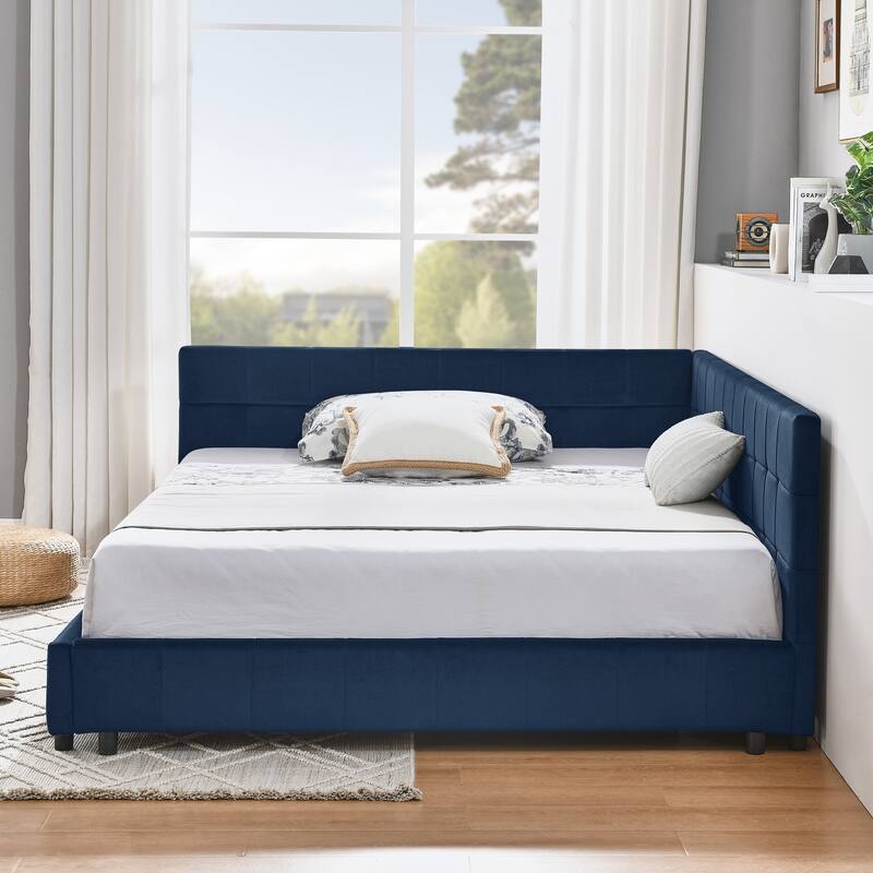 Roomfitters Full Upholstered Tufted Sofa Bed Frame with Backrest and Armrests, Velvet Platform Bed