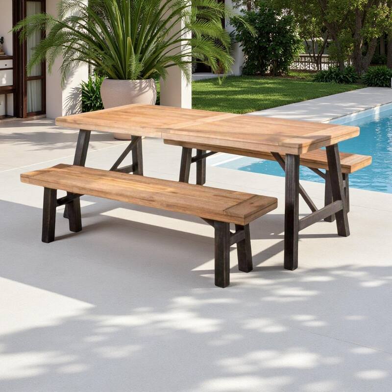 3-Piece Outdoor Patio Picnic Dining Set with 2 Benches, Acacia Wood and Metal Frame - Light Brown