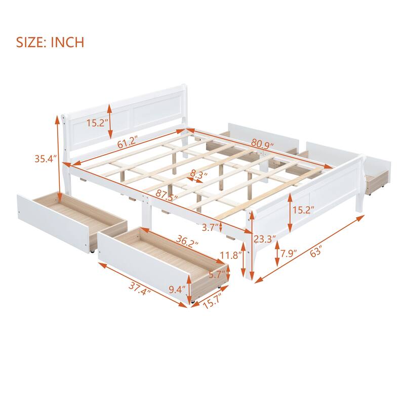 Wood Platform Bed with 4 Drawers and Streamlined Headboard & Footboard