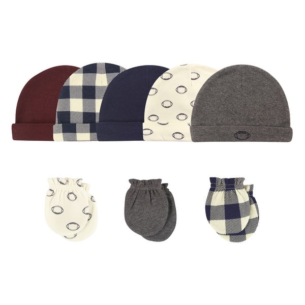 slide 1 of 1, Hudson Baby Infant Boy Cotton Cap and Scratch Mitten 8pc Set, Football, 0-6 Months - Football 0-6 Months - Football
