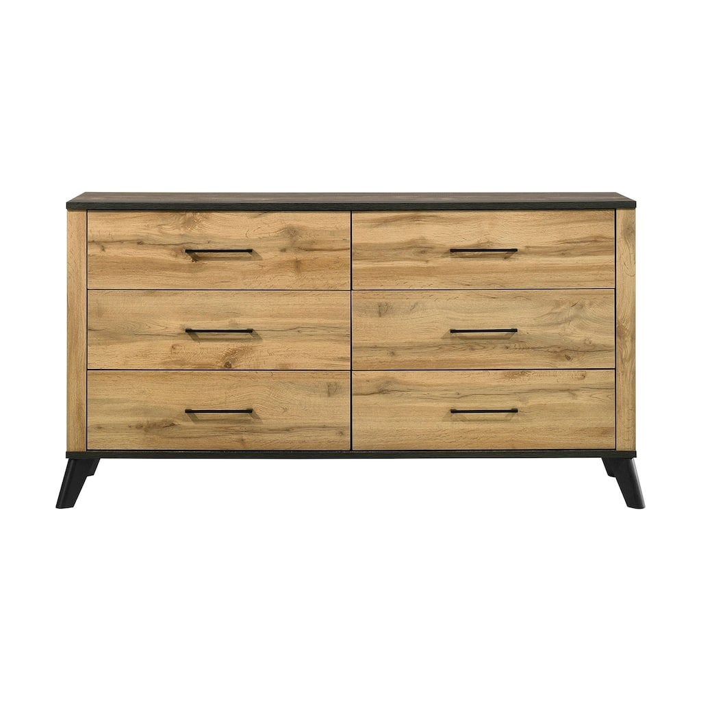 6 Drawers Wooden Dresser with Metal Pull Handles in Natural Pine and Weathered Brown
