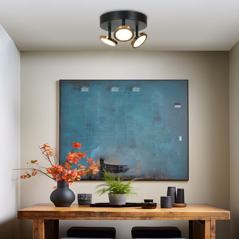 Modern 3-Light 9'' Black Gold LED Semi Flush Mount Kitchen Ceiling Lights - D 9" x H 5.5"