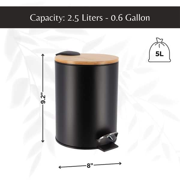 dimension image slide 1 of 9, Stylish Trash Can with Bamboo Lid and Pedal, 2.5L Capacity - 9.2" H x 8" L x 8" W