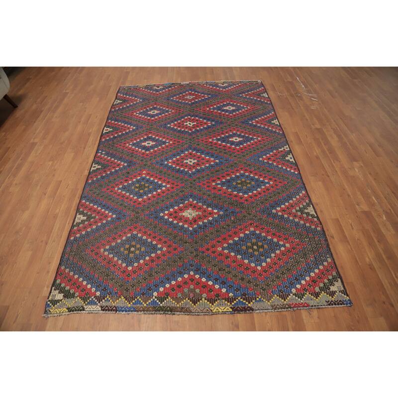 Hand Woven Oriental 100% Wool Carpet Southwestern Tribal Multi-Colored Kilim Area Rug - 8' 8'' X 5' 5''