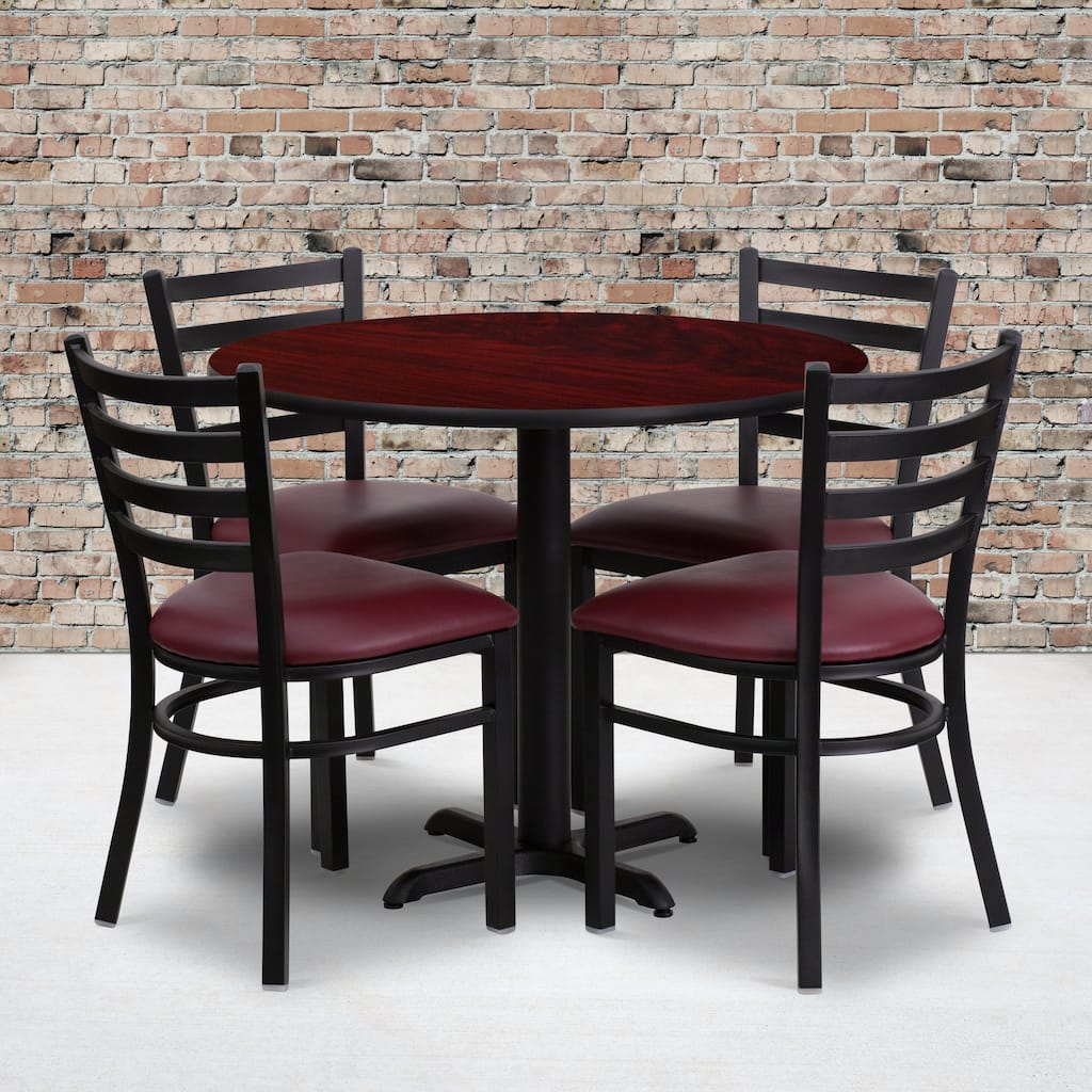 36'' Round Laminate Table Set with X-Base and 4 Ladder Back Metal Chairs