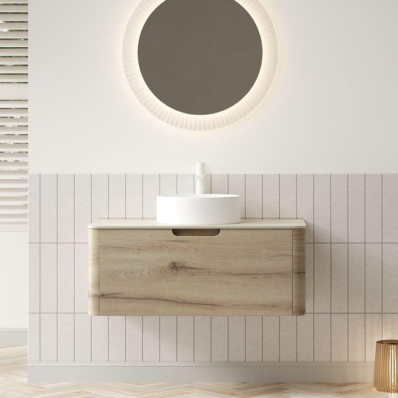 GDFStudio - Xai Floating Bathroom Vanity with Drawer, White Round Ceramic Basin & Travertine Sintered Stone Top, WITHOUT Faucet