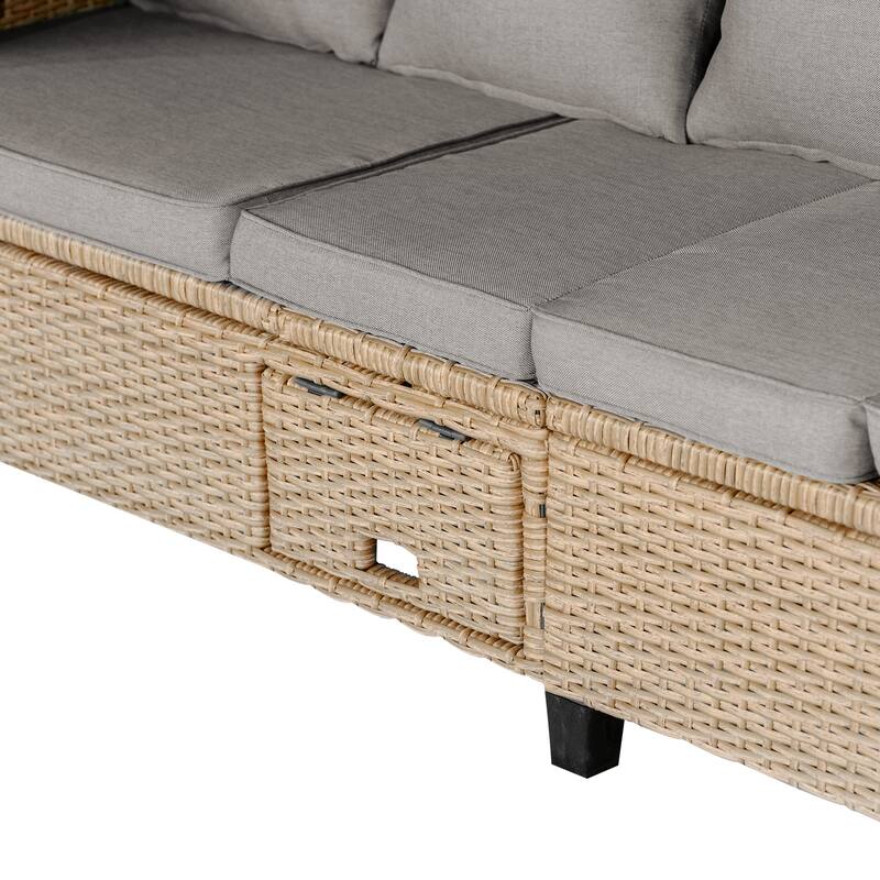 Roomfitters 4-Piece UV-Proof Wicker Patio Sofa Set with Retractable Canopy, Cushions and Lifting Table