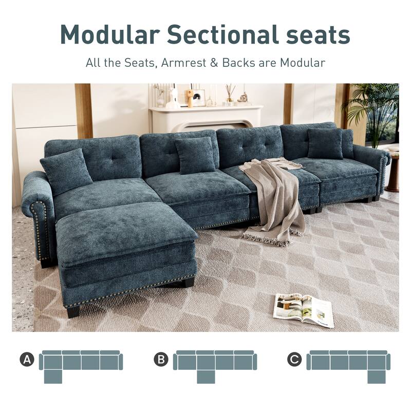 MAISON ARTS Mid-Century Modern Oversized L/U Shaped Cloud Couch with Ottoman, Deep Seat Sectional Sofa with Throw Pillows