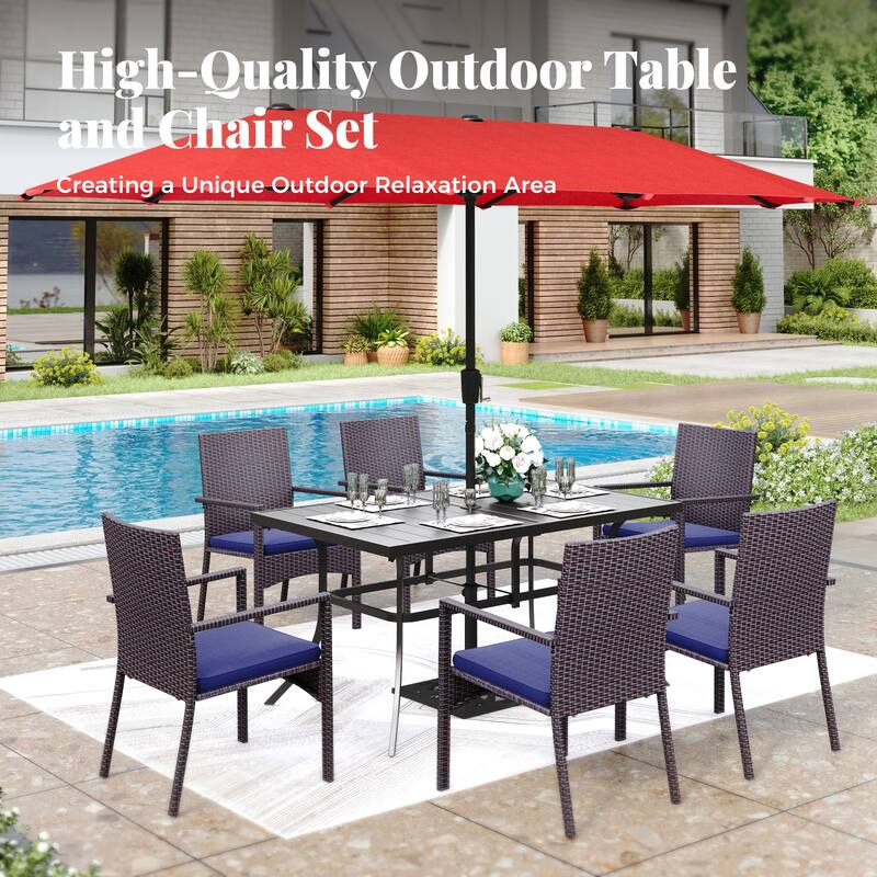 MAISON ARTS 7/8 Pieces Outdoor Patio Dining Set, 6 PE Rattan Chairs with Cushions and 1 Rectangle Metal Table