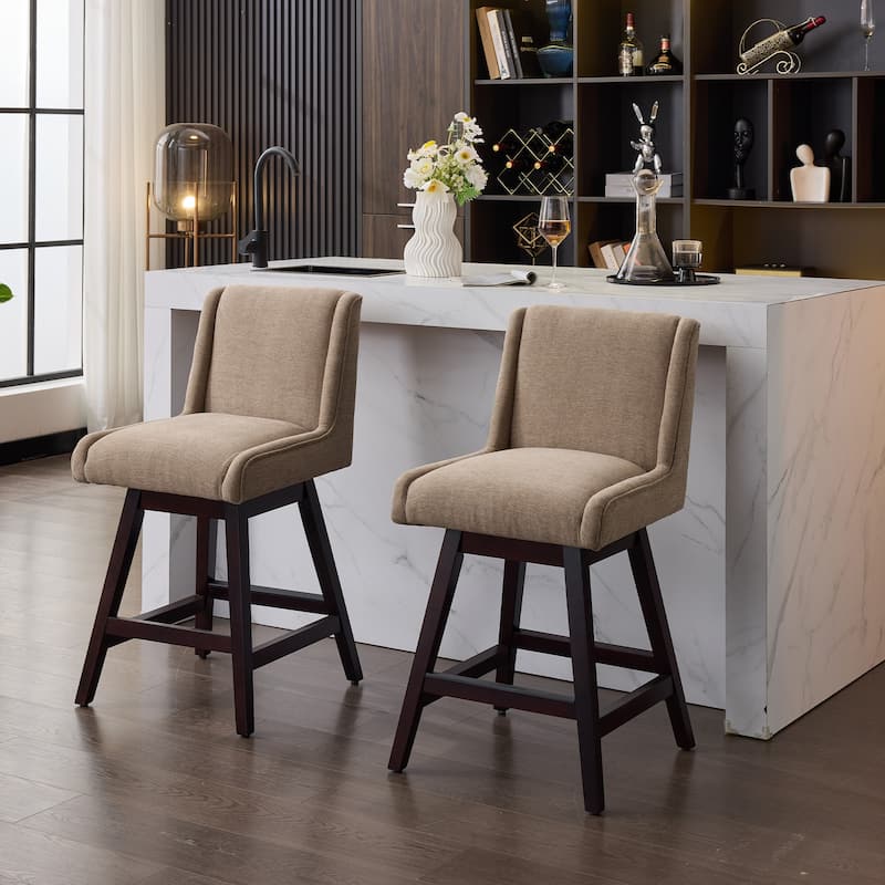 2-Pack Swivel Bar Stools - 360° Rotating Solid Wood and Fabric Stools with Comfortable Cushion