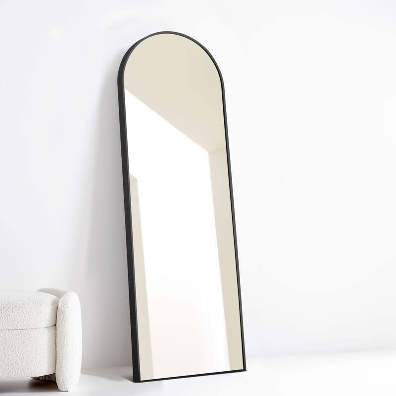Aluminum Fine Edge Right Angle Arched Black Full Length Mirror with Stand - 64"x21"
