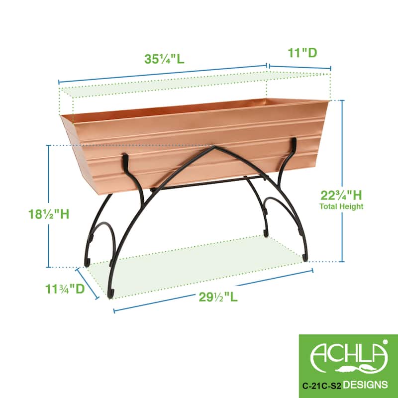 Achla Designs 35.25"L Rectangular Galvanized Steel Indoor Outdoor Large Flower Box w/Black Wrought Iron Bella Stand