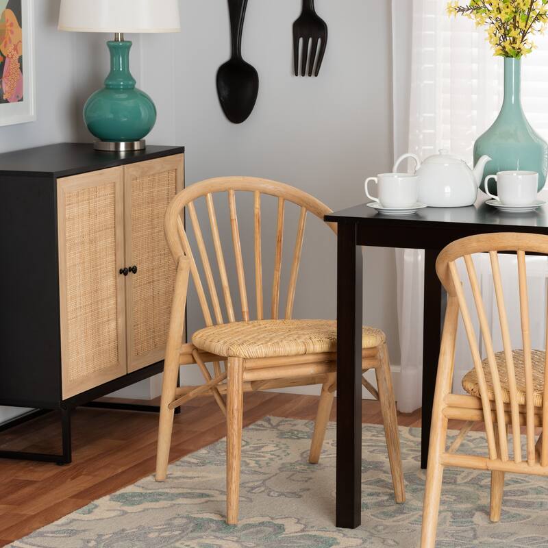 Kobe Mid-Century Modern Natural Brown Finished Wood and Rattan Dining Chair