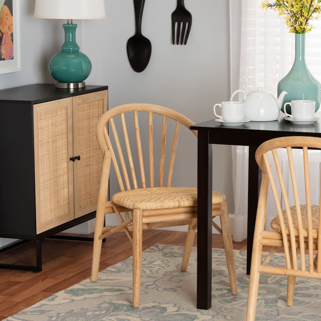 Kobe Mid-Century Modern Natural Brown Finished Wood and Rattan Dining Chair