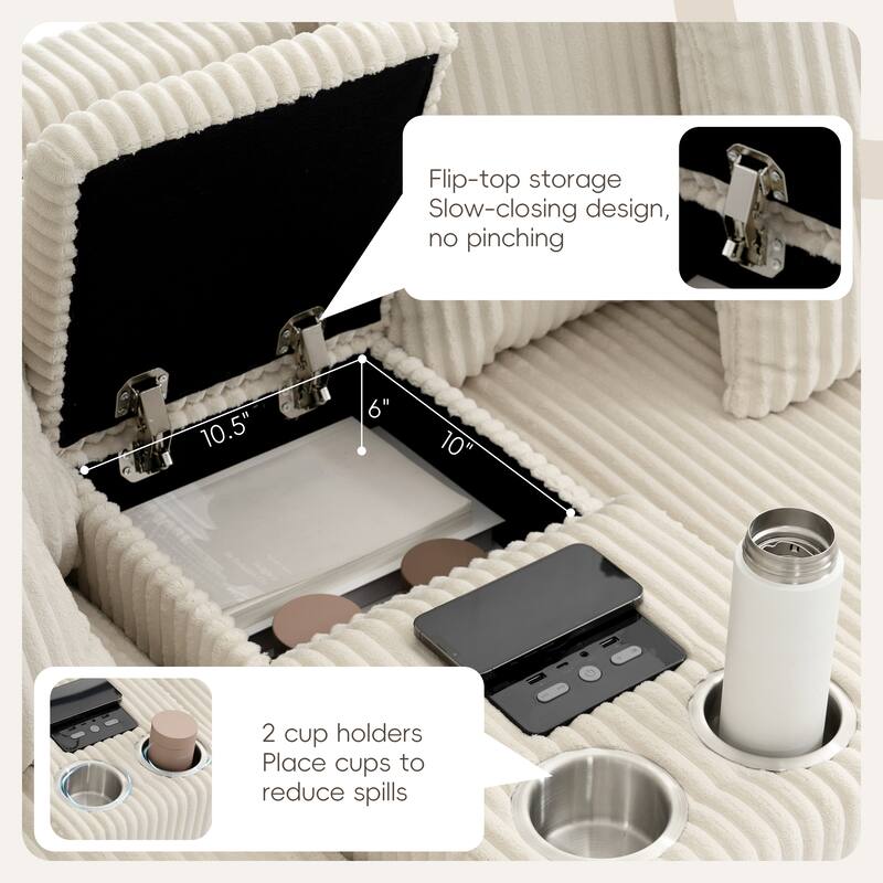 Modular Corduroy Sectional Sofa with Bluetooth Speakers, Charging Ports, Cup Holders, Storage and Ottoman for Living Room