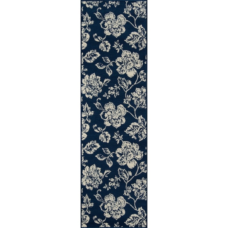 Momeni Baja Floral Blooms Indoor Outdoor Rug - 2'3" x 7'6" Runner - Navy