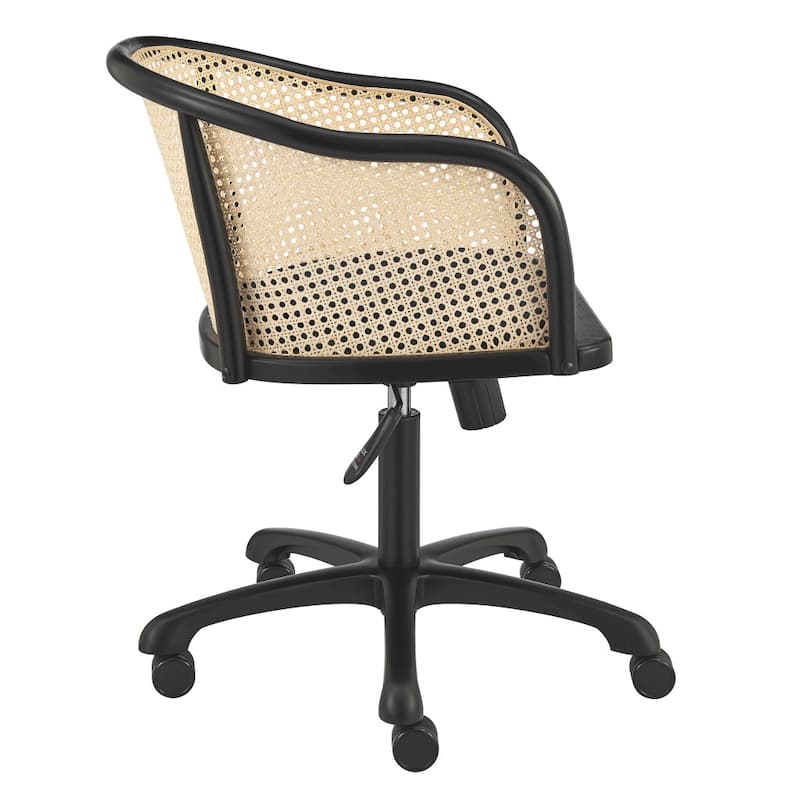 Beige and Black Solid Wood Steel And Cane Rattan Adjustable Swivel Rolling Office Chair - 22.5' X '33.5' X '26.5