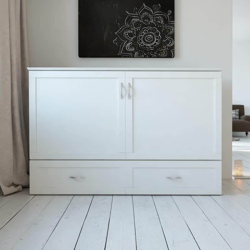 Hamilton Queen Murphy Bed Chest with 6" Mattress, Storage Drawer & Built-In Charger in White