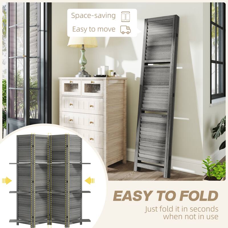 HOMCOM Blinds Style 4-Panel Wood Room Divider, 67'' Tall Folding Privacy Screen Panels Gray - 8' x 10'