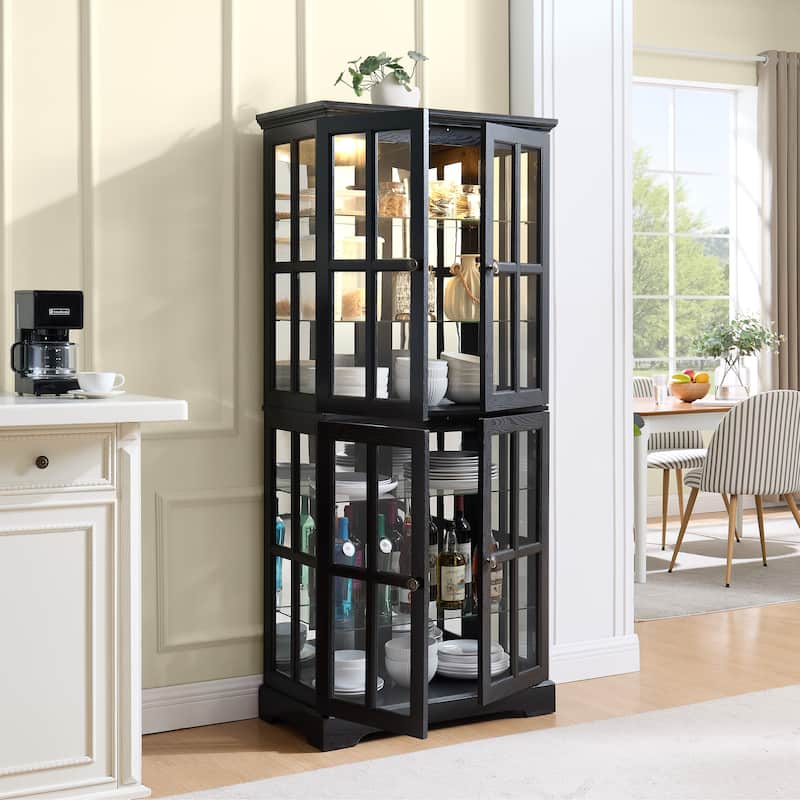 Vintage Four-Door Curio Cabinet - Antique Glass Display Case with Adjustable Shelves & E26 Bulb.