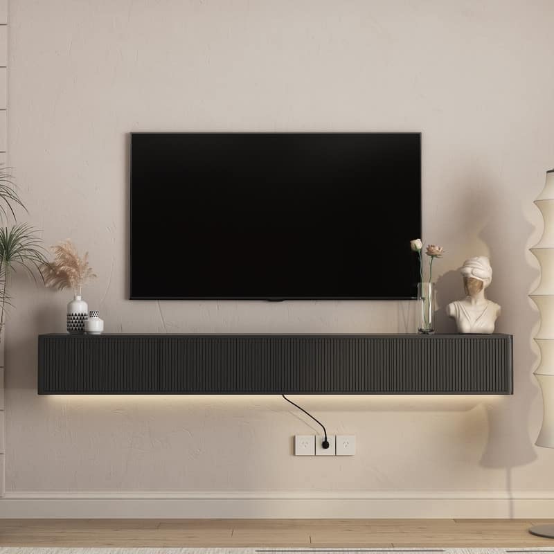 Floating 78" Wall Mounted TV Stand for TVs up to 85", Media Console Table with LED Lights and Power Outlet