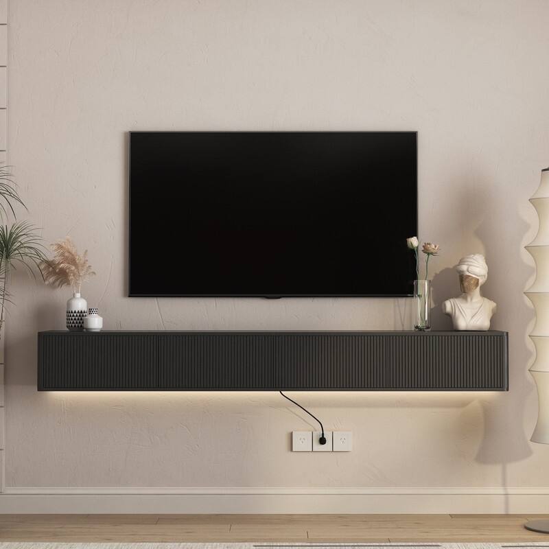 Floating 78" Wall Mounted TV Stand for TVs up to 85", Media Console Table with LED Lights and Power Outlet - Black
