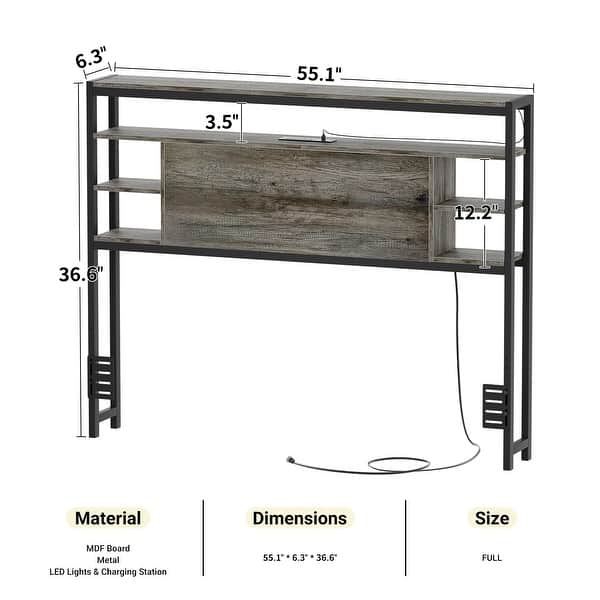 dimension image slide 9 of 11, Headboards with Storage Shelves, Head Board with Power Outlet and LED Light for Bed Frame