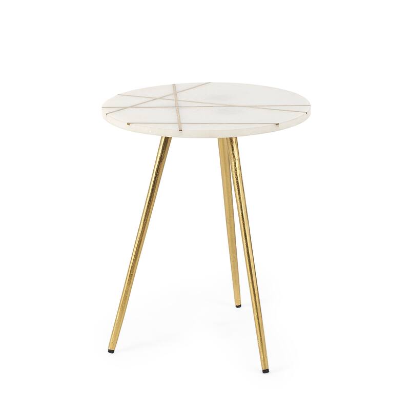 Vivienne White Marble Top w/ Antique Gold Metal Legs Small Round Side Table - 16L x 16W x 19H - White/Gold - Marble
