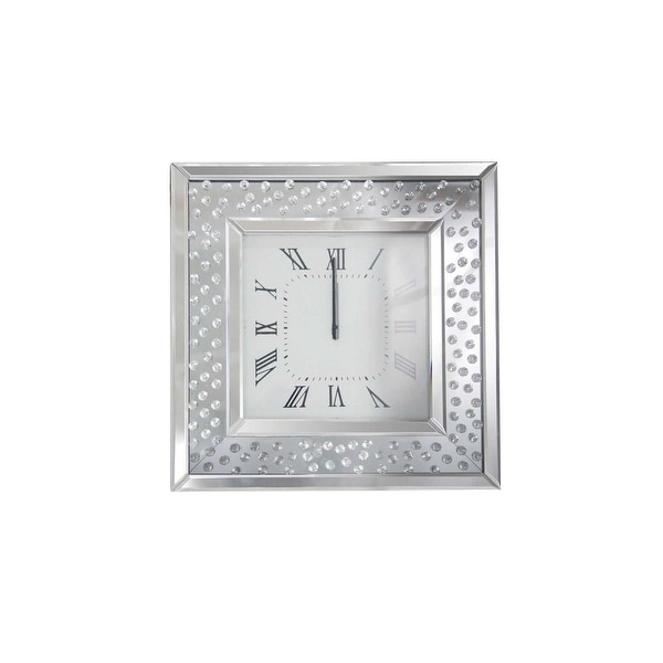 Square Shape Mirrored Analog Wall Clock with Wooden Backing, Clear