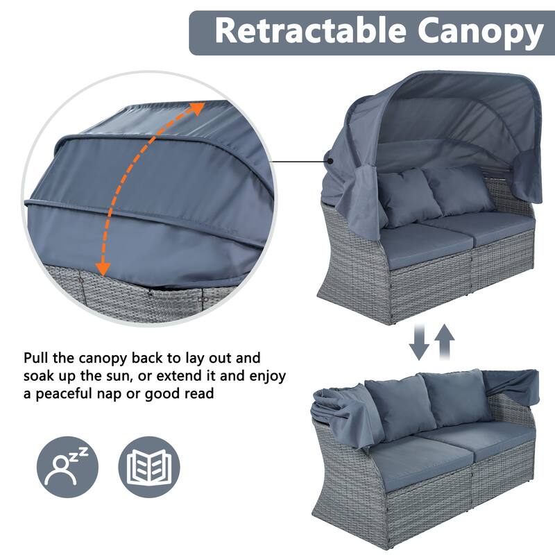 6 Piece Patio Sectional Conversation Set Outdoor Rattan Daybed Rectangle Sunbed with Retractable Canopy and Storage Coffee Table