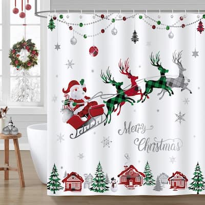 Merry Christmas Shower Curtain - Plaid Santa & Reindeer 72x72 Inches