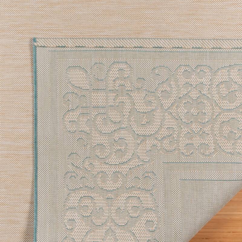 Gertmenian Paseo Tedo Oasis Blue Transitional Scroll Boarder Indoor/ Outdoor Area Rug