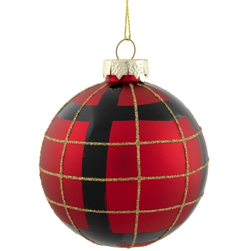 4ct Red, Black and Gold Plaid Glass Ball Christmas Ornaments 3.25"