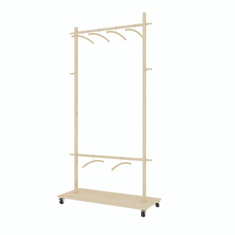 Solid Wood Garment Rack with Wheels & 6 Hangers - Space Saving