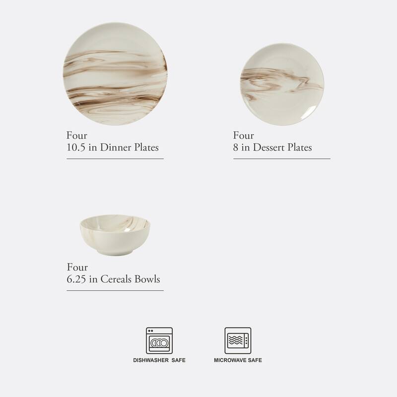 Gibson Home Cloudlight 12 Piece Plates and Bowls Dishes - Decorated Porcelain Ceramic Dinnerware Set - Service for 4