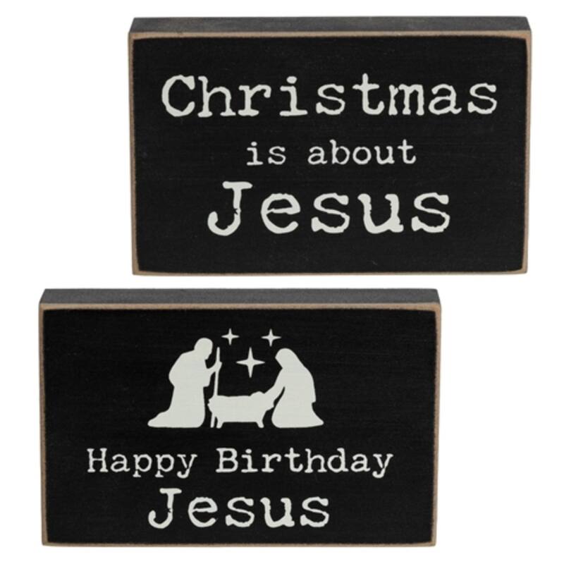 Rustic Black Distressed Happy Birthday Jesus Wooden Blocks with Manger Scene and Christmas - 2 Asstd - Black