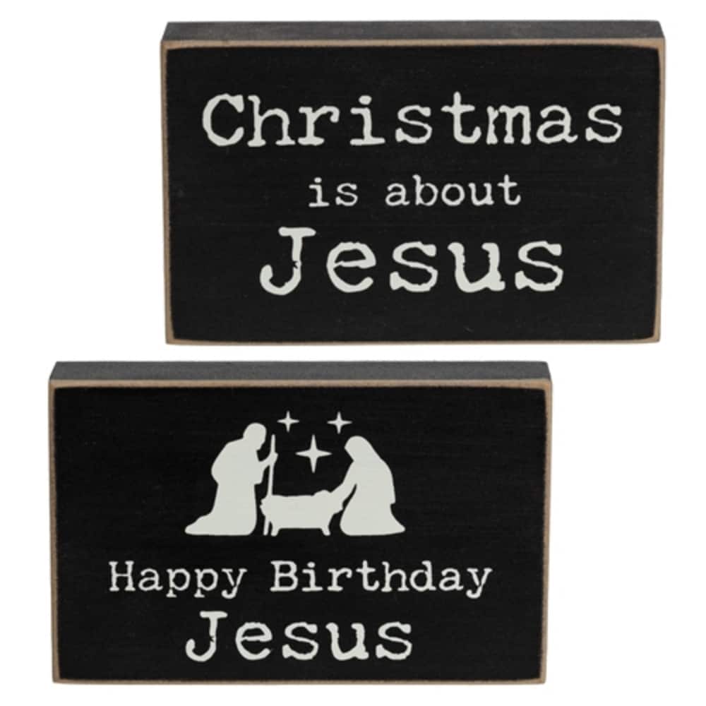Rustic Black Distressed Happy Birthday Jesus Wooden Blocks with Manger Scene and Christmas - 2 Asstd