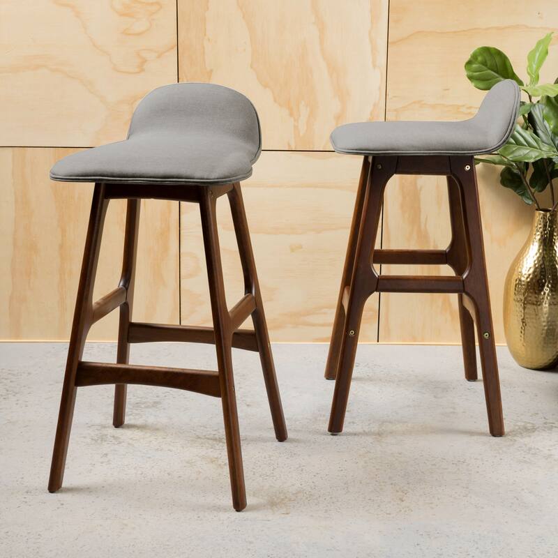 Mid-Century Modern Upholstered Barstools - Set of 2, Low-Back Fabric Stools for Kitchen & Bar - Light Gray,Walnut