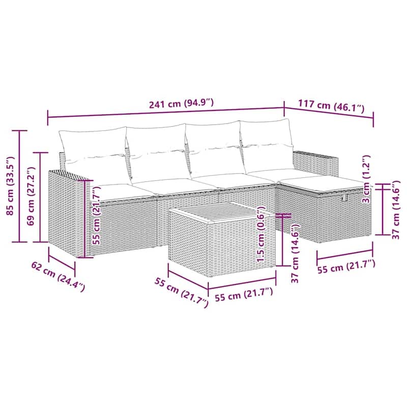 vidaXL Patio Sofa Set with Cushions Outdoor Furniture 6 Piece Poly Rattan