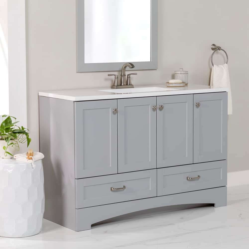 Spring Mill Cabinets Emlyn 48.5" Bathroom Vanity With Shelves, Drawers, and White Sink Top