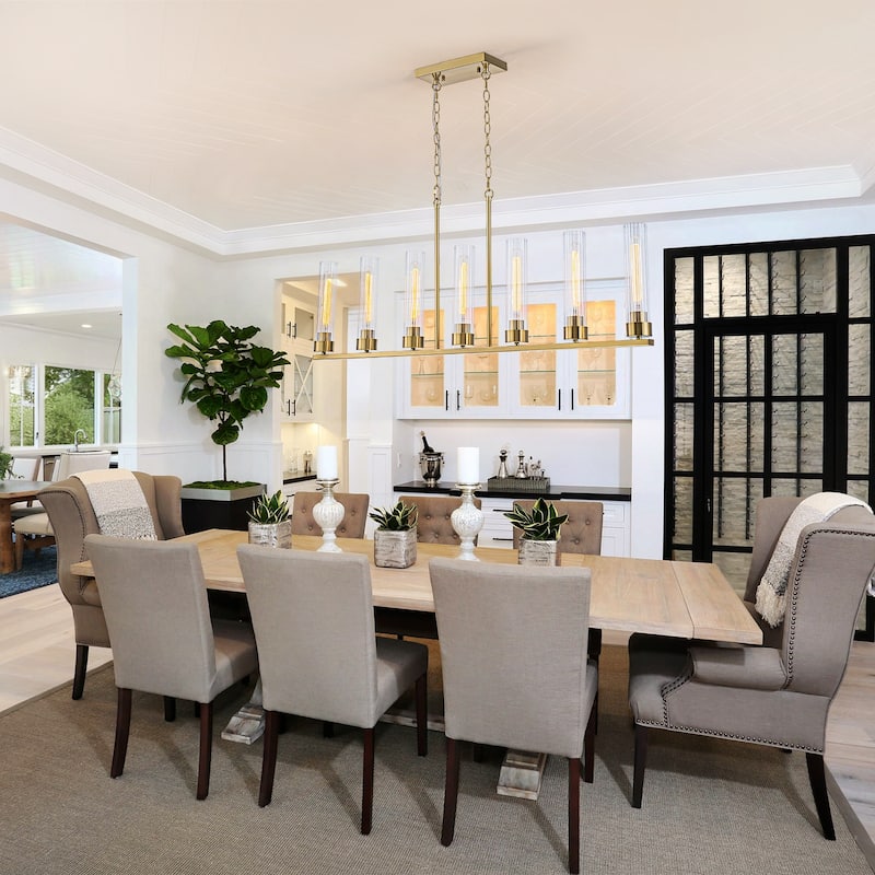 Modern 7-Light Linear Pendant Light with Clear Ribbed Glass