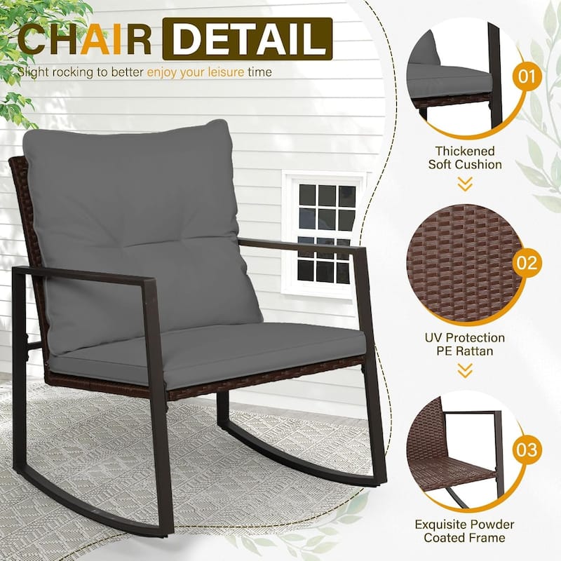 SUNCROWN 3-piece Outdoor Patio Brown/Black Wicker Rocking Chairs Conversation Bistro Set