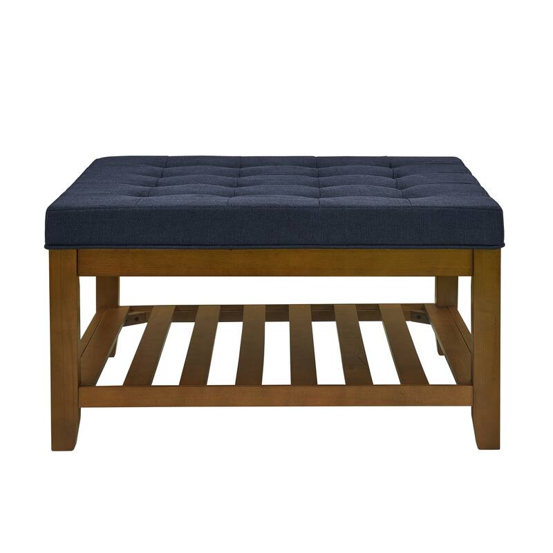 Upholstered Coffee Table Tufted Linen Large Square Ottoman with Beech Wood Shelf and Frame, Oversized Footrest Ottoman