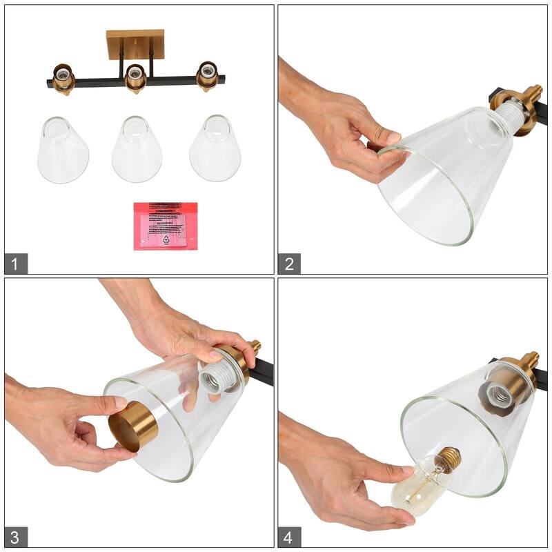 3-Light Mid-Century Modern Black Gold Bathroom Vanity Lights Clear Glass Wall Sconces