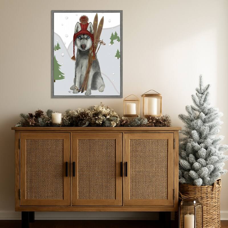 Husky Skiing by Fab Funky (23 x 28 in.), Framed Canvas Wall Art Print - Sylvie Greywash