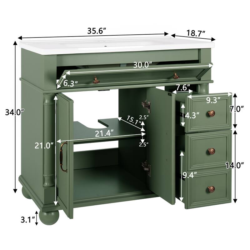 35.6-Inch Mid-Century Bathroom Vanity Sink with Roman Column Base, Farmhouse Freestanding Vanity Cabinet