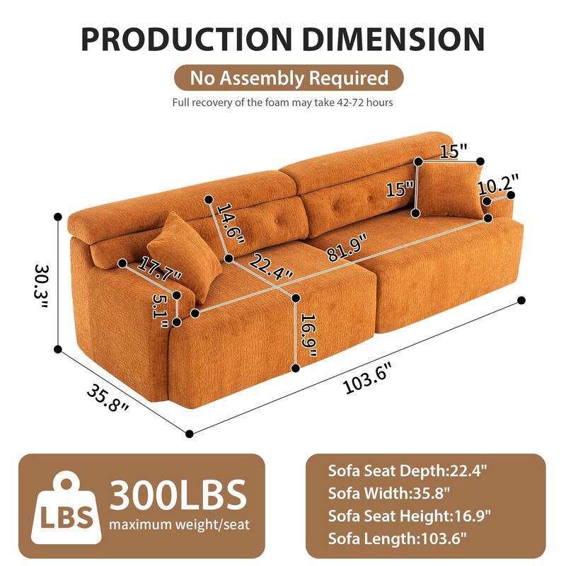 103.2" Fabric 4-Seater Sofa, Raised Back, 2 Pillows and Deep Seat Design